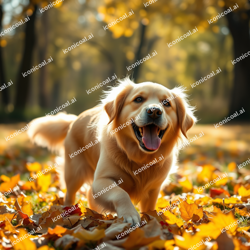 Golden Retriever Playing In Autumn Leaves