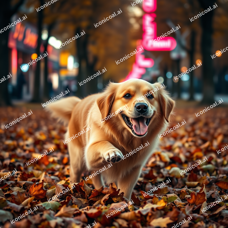 Golden Retriever Playing In Autumn Leaves