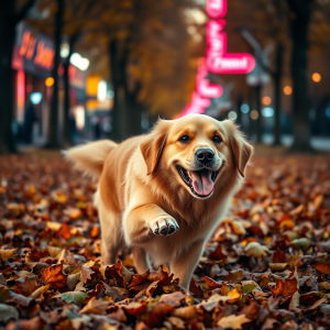 Golden Retriever Playing In Autumn Leaves