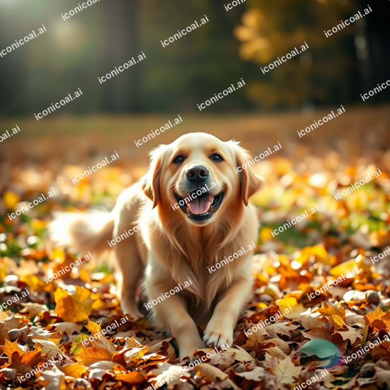 Golden Retriever Playing In Autumn Leaves