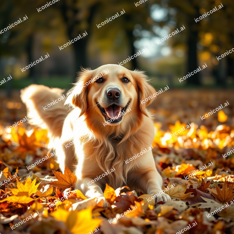 Golden Retriever Playing In Autumn Leaves