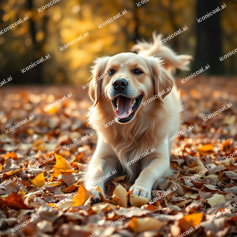 Golden Retriever Playing In Autumn Leaves