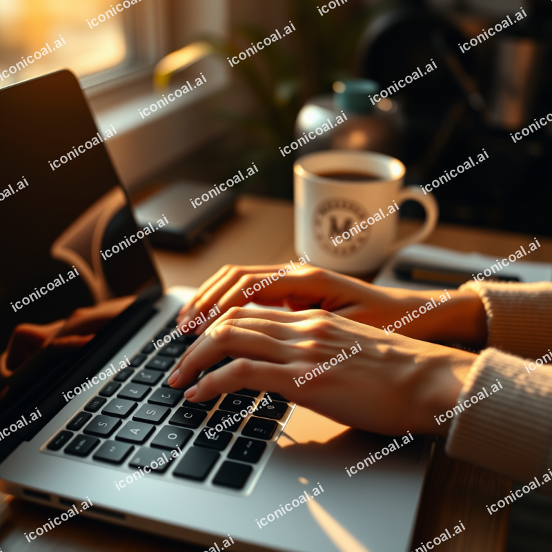 Hands Typing On Laptop Keyboard With Coffee Cup Nearby Wo...