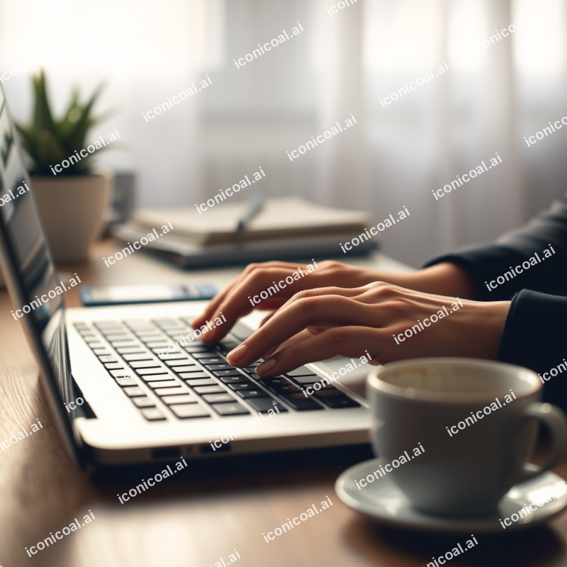 Hands Typing On Laptop Keyboard With Coffee Cup Nearby Wo...