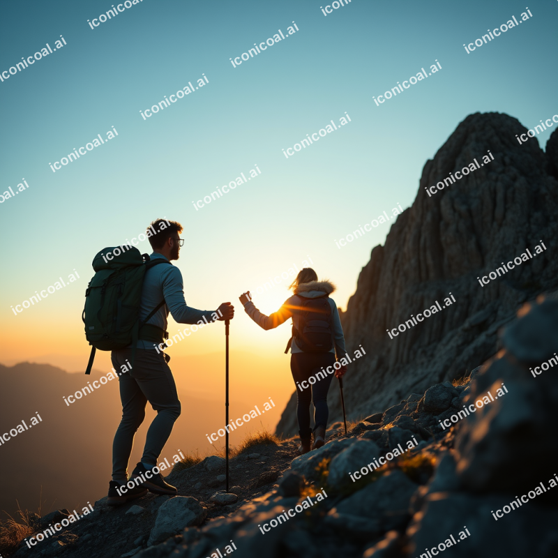 Hiking Couple Reaching Mountain Summit Achievement