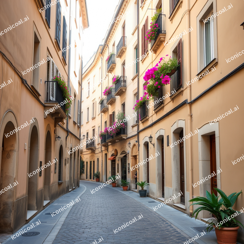 Historic European Alleyway With Cobblestones And Flowerin...