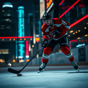 Hockey Player Shooting Puck On Ice