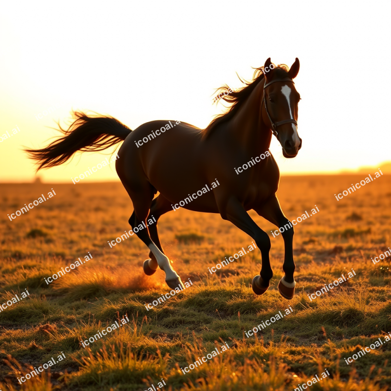 Horse Running Free In Open Meadow At Golden Hour