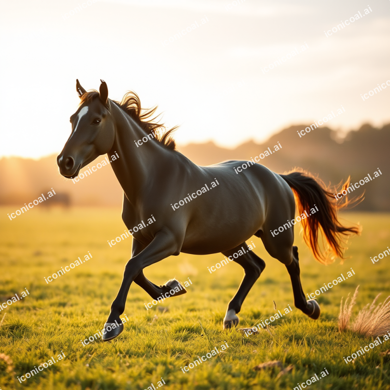 Horse Running Free In Open Meadow At Golden Hour