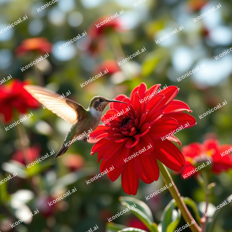 Hummingbird Hovering At Vibrant Red Flower