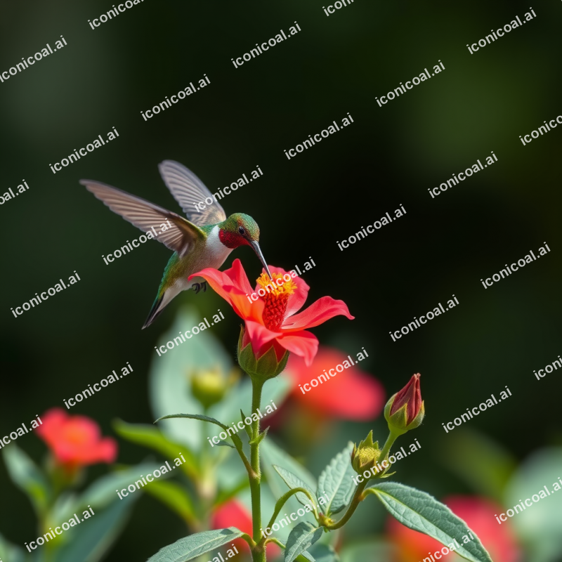 Hummingbird Hovering At Vibrant Red Flower