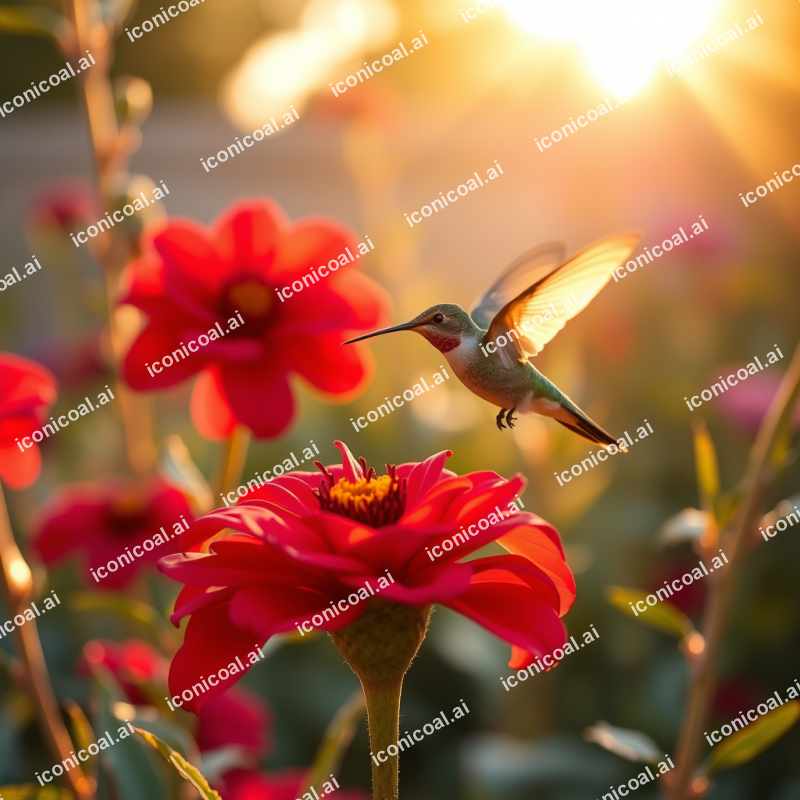 Hummingbird Hovering At Vibrant Red Flower