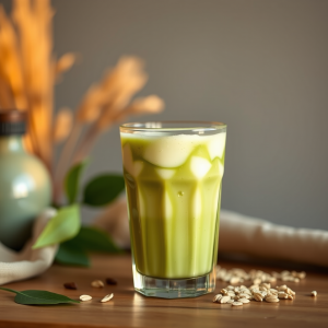 Iced Matcha Latte In Glass With Oat Milk Refreshing
