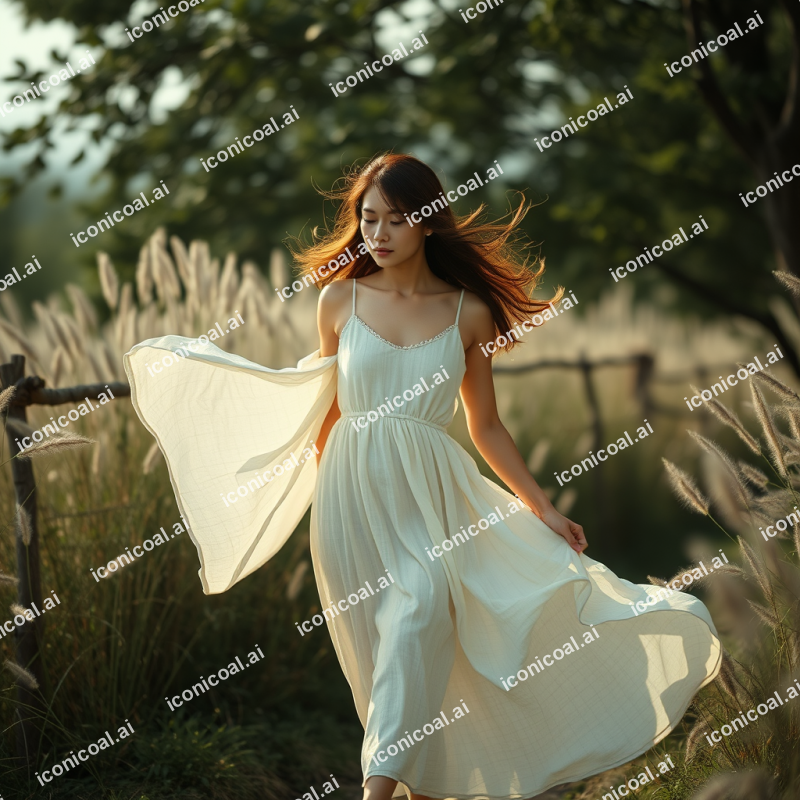 Linen Summer Dress Flowing In Breeze Outdoor Fashion