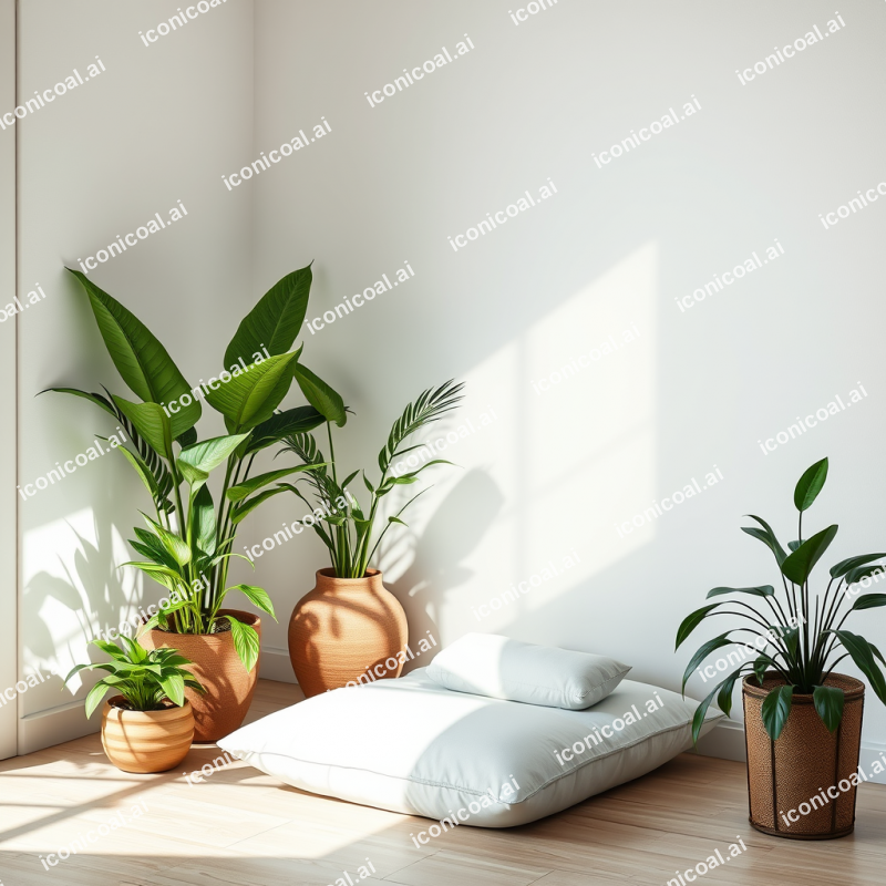 Meditation Cushion In Minimalist Corner With Plants Zen S...