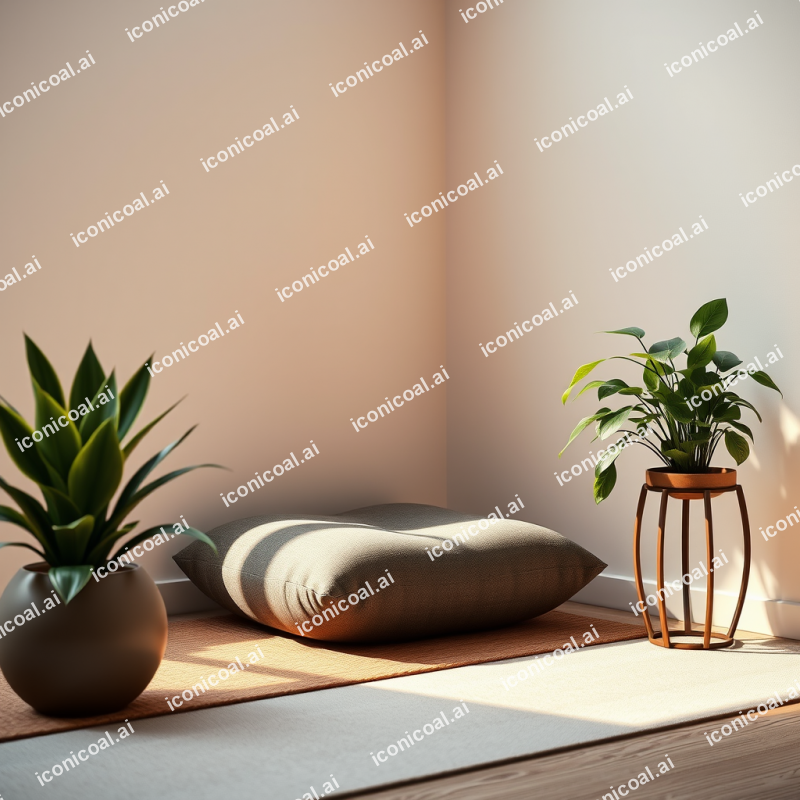 Meditation Cushion In Minimalist Corner With Plants Zen S...