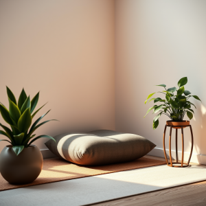 Meditation Cushion In Minimalist Corner With Plants Zen S...