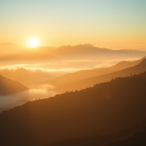 Misty Mountain Sunrise With Layers Of Peaks Golden Light