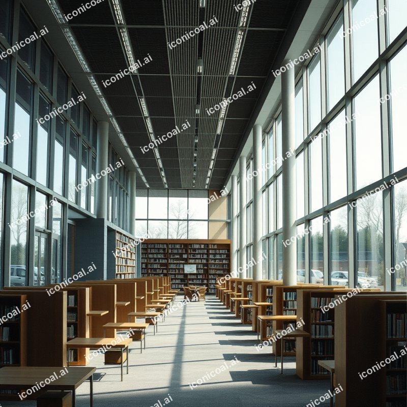 Modern Library Interior With Floor-to-ceiling Windows And...