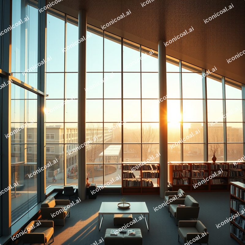 Modern Library Interior With Floor-to-ceiling Windows And...