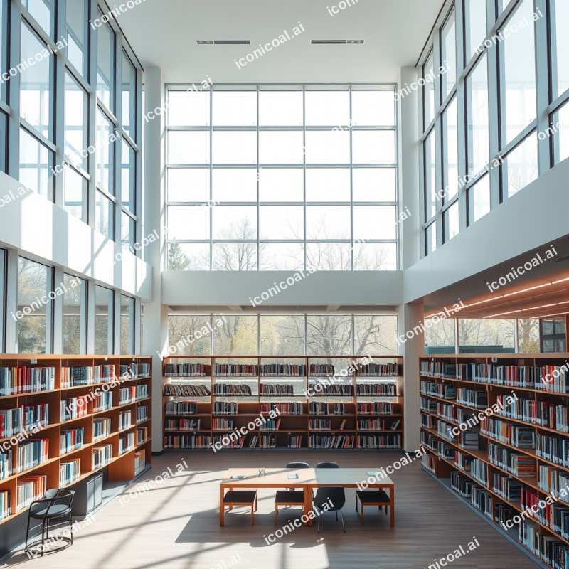 Modern Library Interior With Floor-to-ceiling Windows And...