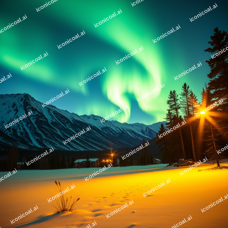 Northern Lights Aurora Dancing Over Snowy Landscape