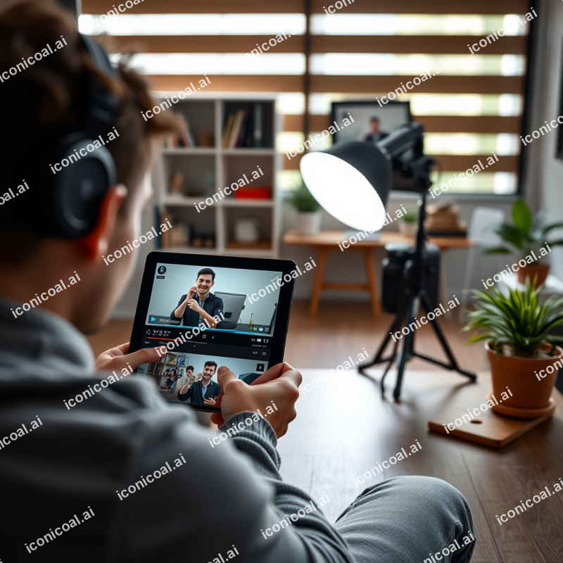 Online Learning Setup With Tablet Showing Video Lesson At...