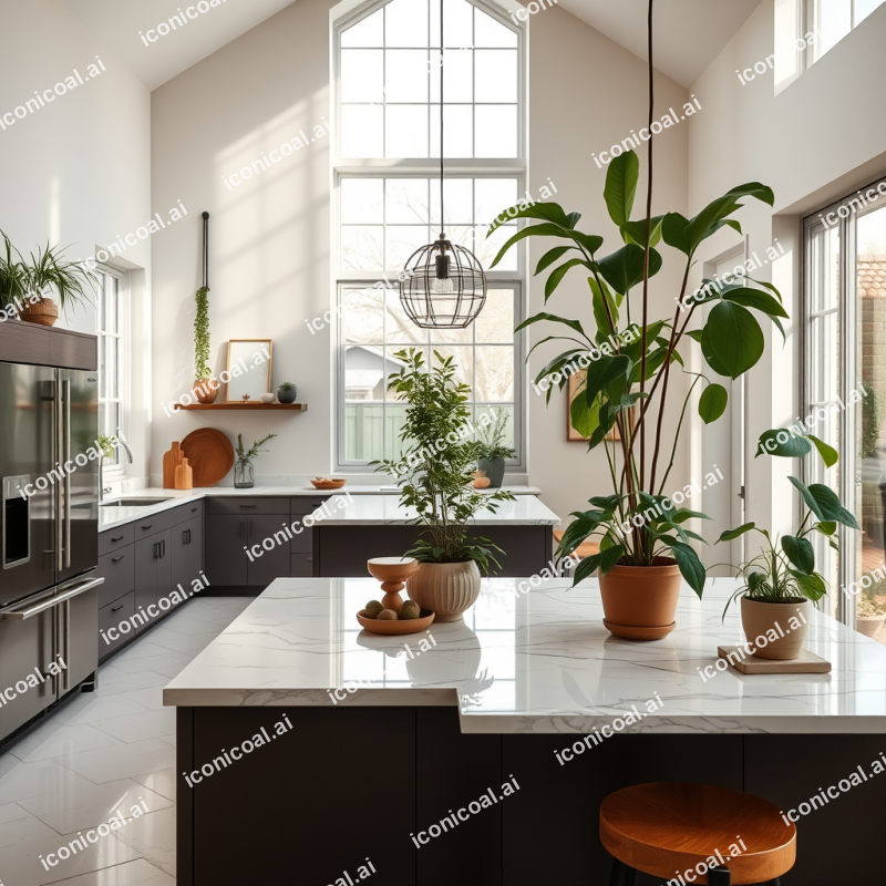 Open Concept Kitchen With Marble Counters And Indoor Plants