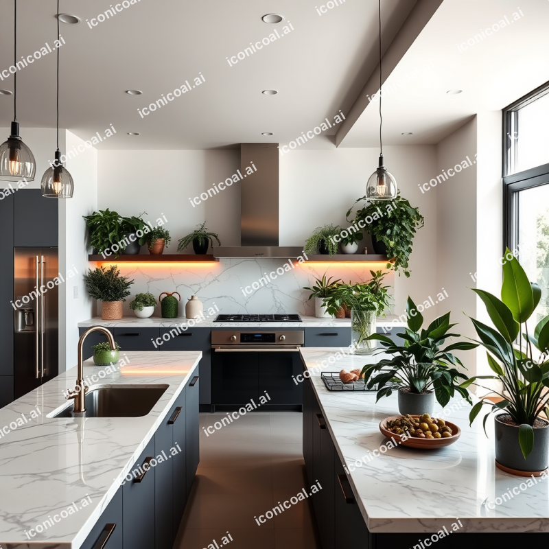 Open Concept Kitchen With Marble Counters And Indoor Plants