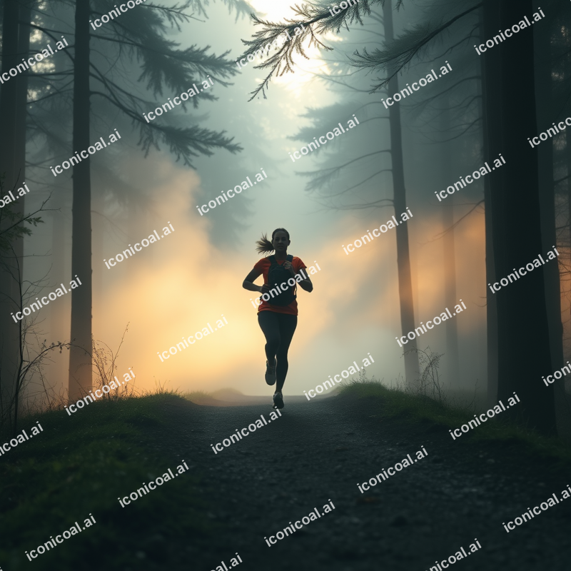 Outdoor Running On Trail Through Forest Active Lifestyle