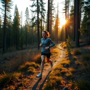 Outdoor Running On Trail Through Forest Active Lifestyle