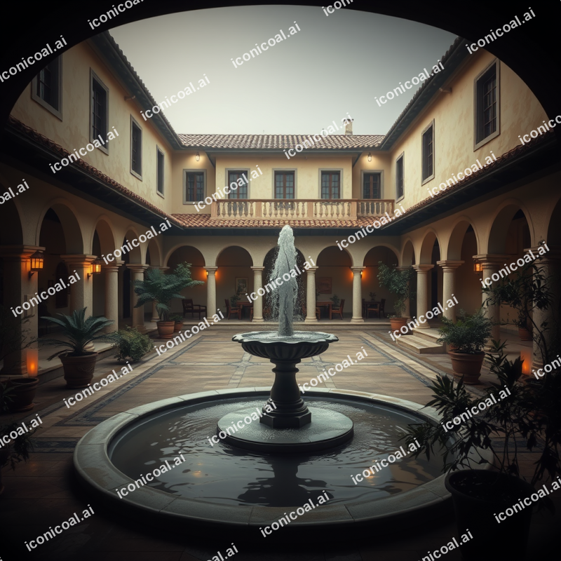 Peaceful Courtyard With Fountain And Mediterranean Archit...