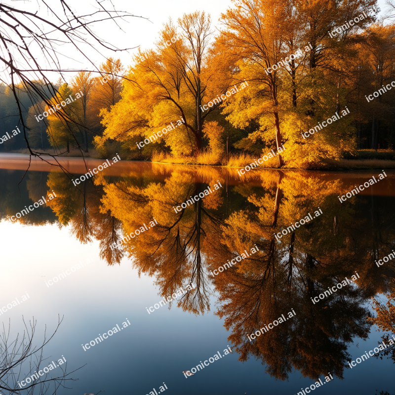 Peaceful Lake Reflection With Autumn Trees Mirror Image