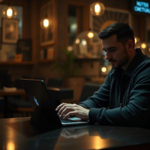 Person Using Laptop At Cafe Remote Work Technology