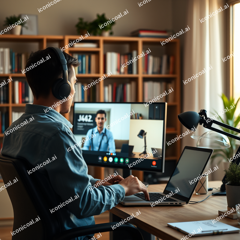 Remote Worker On Video Call From Home Office With Bookshe...