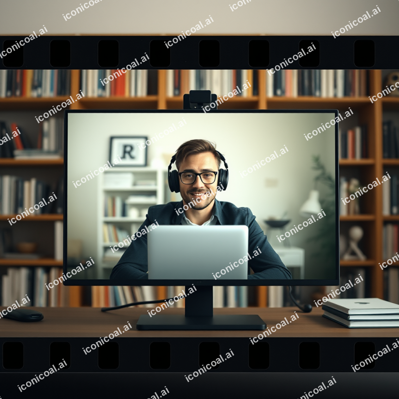 Remote Worker On Video Call From Home Office With Bookshe...