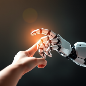 Robot Hand Touching Human Hand Ai Technology Concept