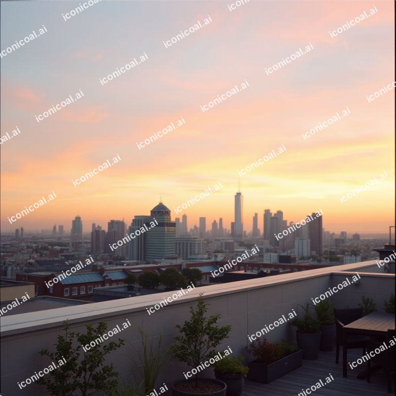 Rooftop Garden Terrace Overlooking City Skyline At Dusk