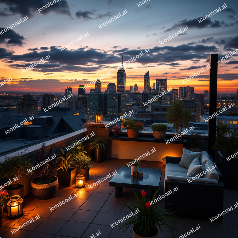 Rooftop Garden Terrace Overlooking City Skyline At Dusk