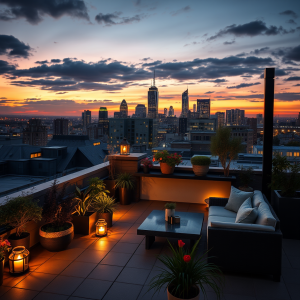 Rooftop Garden Terrace Overlooking City Skyline At Dusk