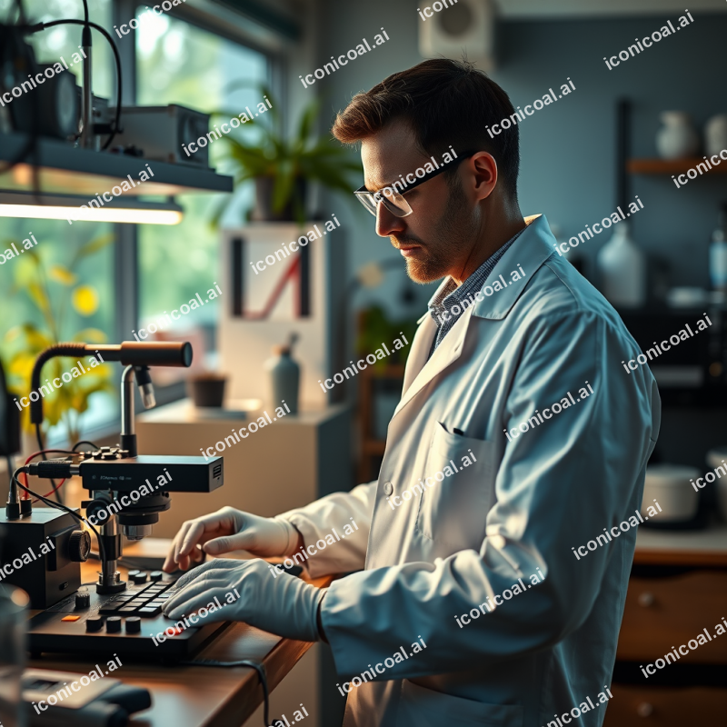 Scientist In Lab Coat Working With Equipment Research