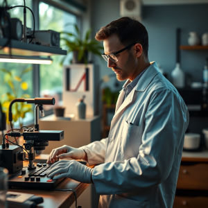 Scientist In Lab Coat Working With Equipment Research
