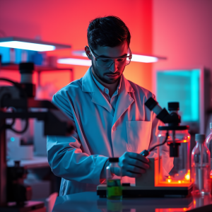 Scientist In Lab Coat Working With Equipment Research
