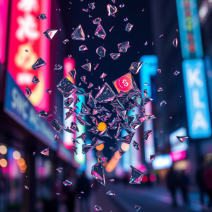 Shattered Glass Fragments Suspended In Mid-air Reflecting...