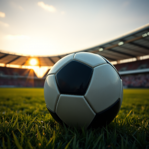 Soccer Ball On Grass Field With Stadium Sunset