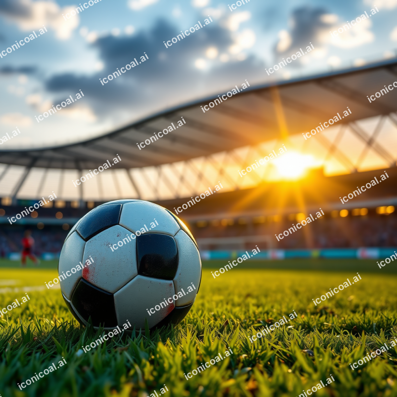 Soccer Ball On Grass Field With Stadium Sunset