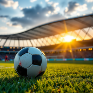 Soccer Ball On Grass Field With Stadium Sunset