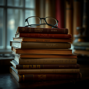 Stack Of Well-loved Books With Reading Glasses Cozy Scene