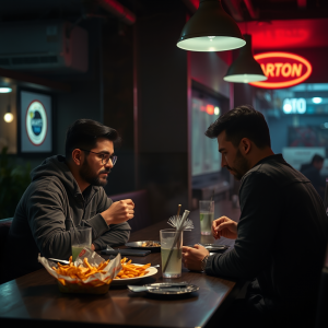 Startup Team Working Late With Takeout Food Casual Atmosp...