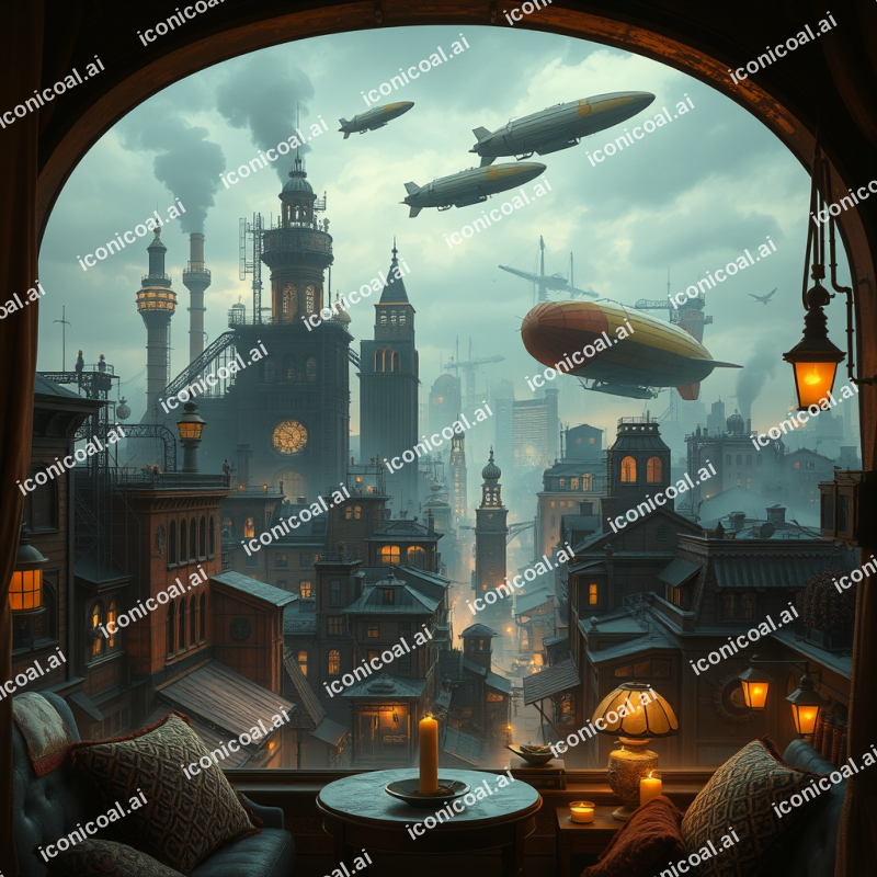 Steampunk Cityscape With Airships Industrial Fantasy